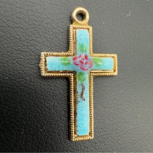 Vintage Blue Enamel Handpainted Floral Cross - Picture 13 of 14